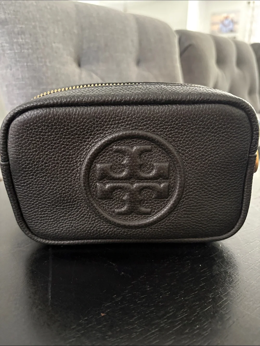 Tory Burch Black Pebbled Leather Toiletry Bag with Embossed Logo